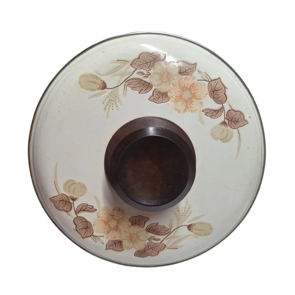 Vintage Metal Lid Pot Pan Brown Flowers Cream 6.5 Inch  Handle‎ Leaves Cookware